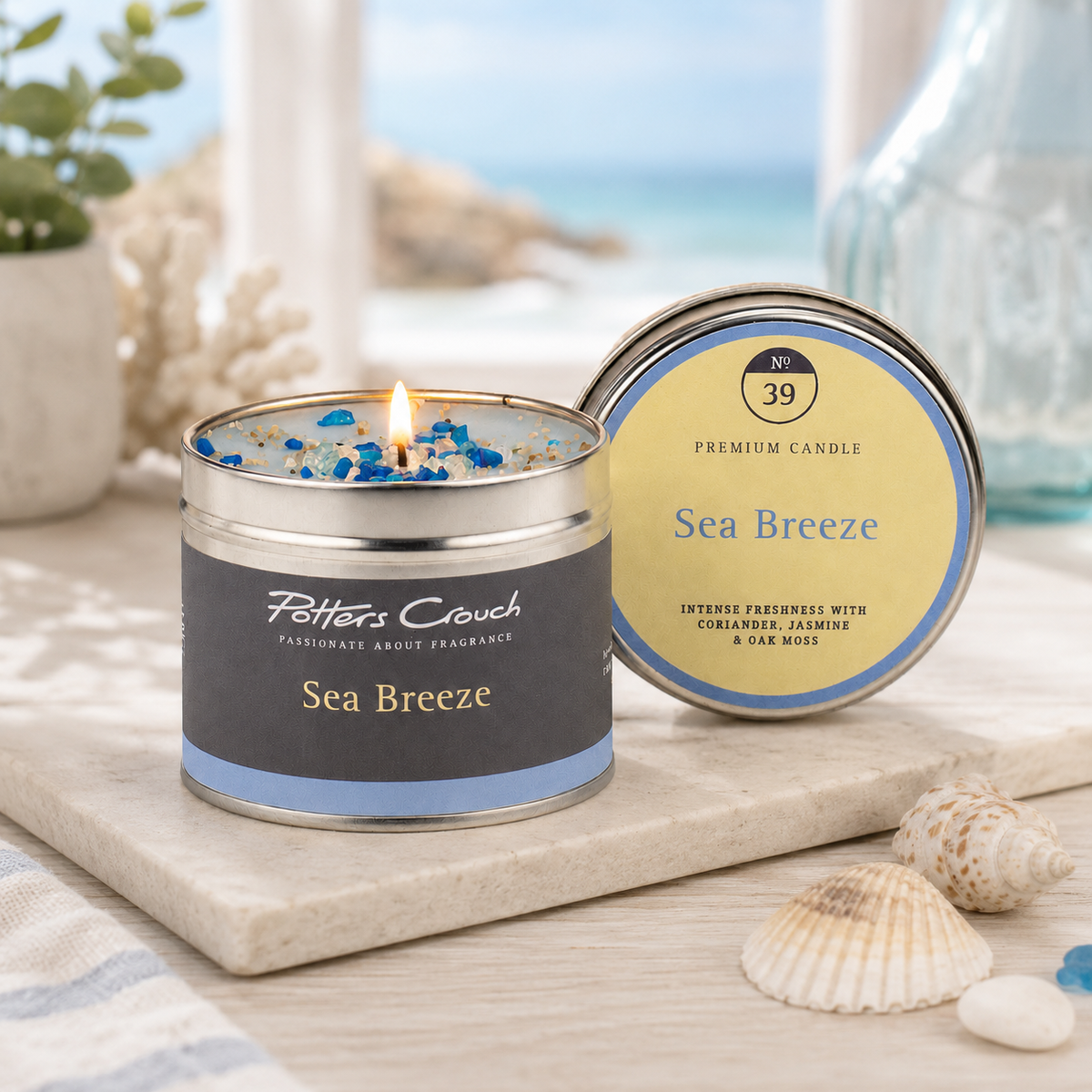 Sea Breeze candle — Coastal Coriander & Jasmine scent, full product shot, Croft & Cleo