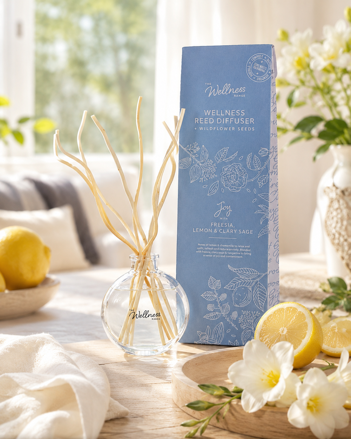Joy Wellness reed diffuser — Freesia Lemon & Clary Sage, full product shot, Croft & Cleo