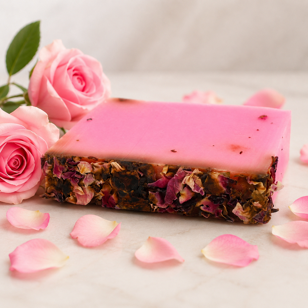 Scottish Rose & Rose Petal soap bar — styled shot, Siabann by Croft & Cleo