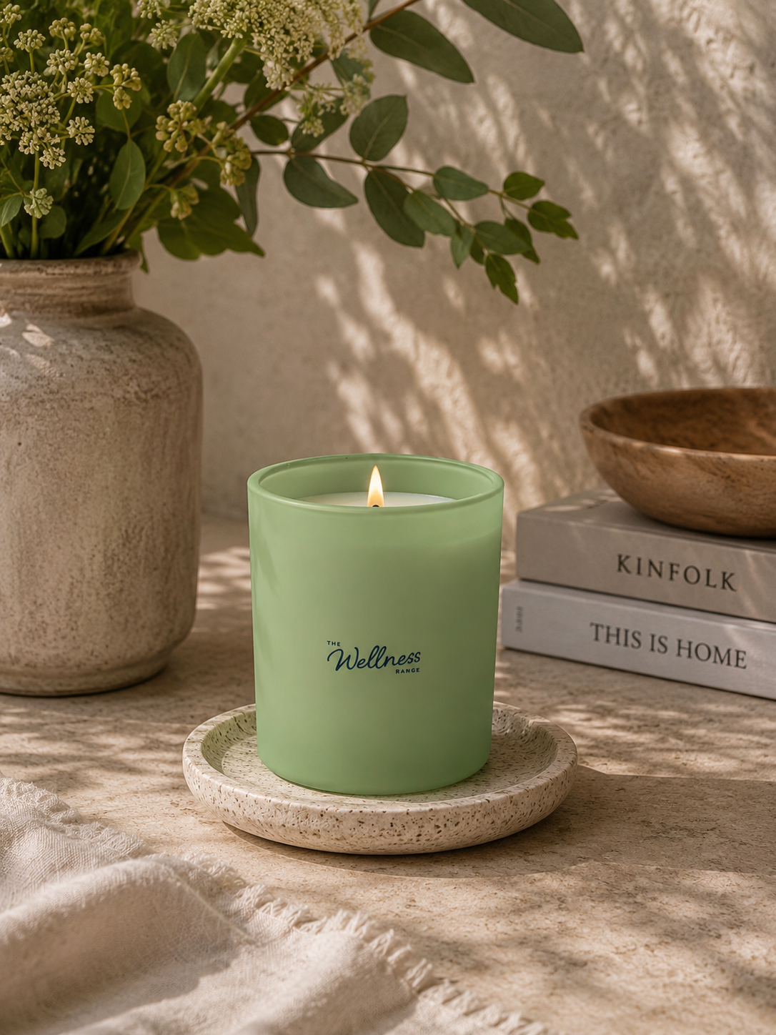Peace Wellness glass candle — styled shot, Croft & Cleo