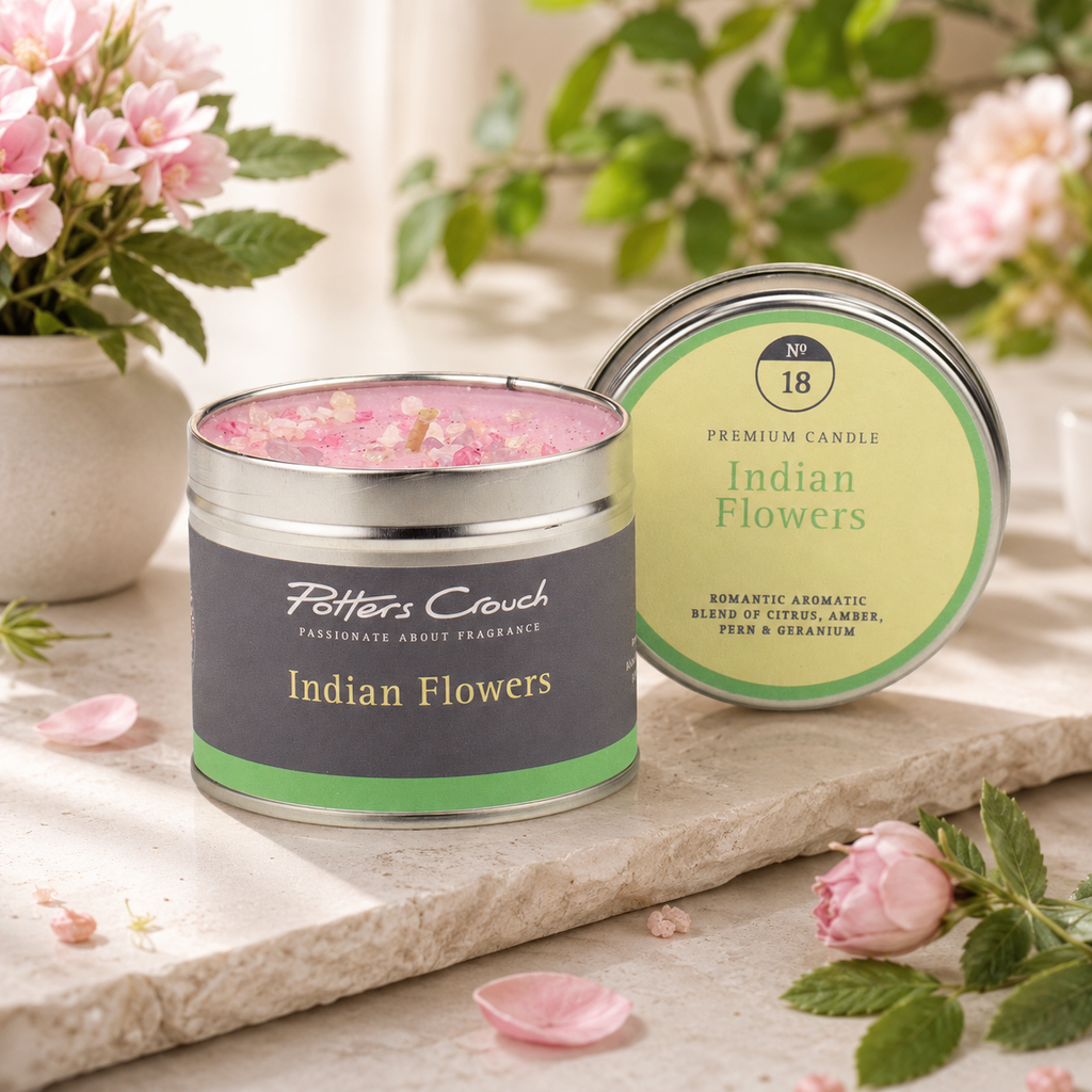 Indian Flowers candle — Geranium Amber Floral scent, full product shot, Croft & Cleo