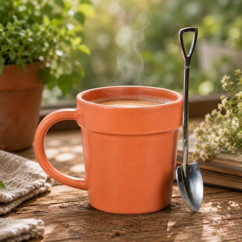 Ceramic plant pot mug with miniature shovel spoon — Potting Shed design, Croft & Cleo