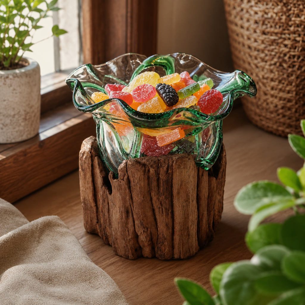Artisan recycled glass bowl lifestyle shot — on a wooden surface in a warm interior, Croft & Cleo