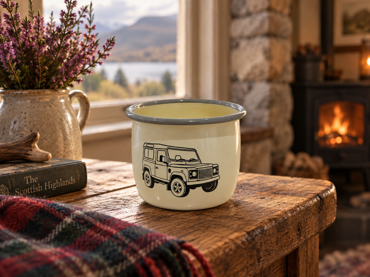 Cream enamel belly mug engraved with a Land Rover Defender, Croft & Cleo