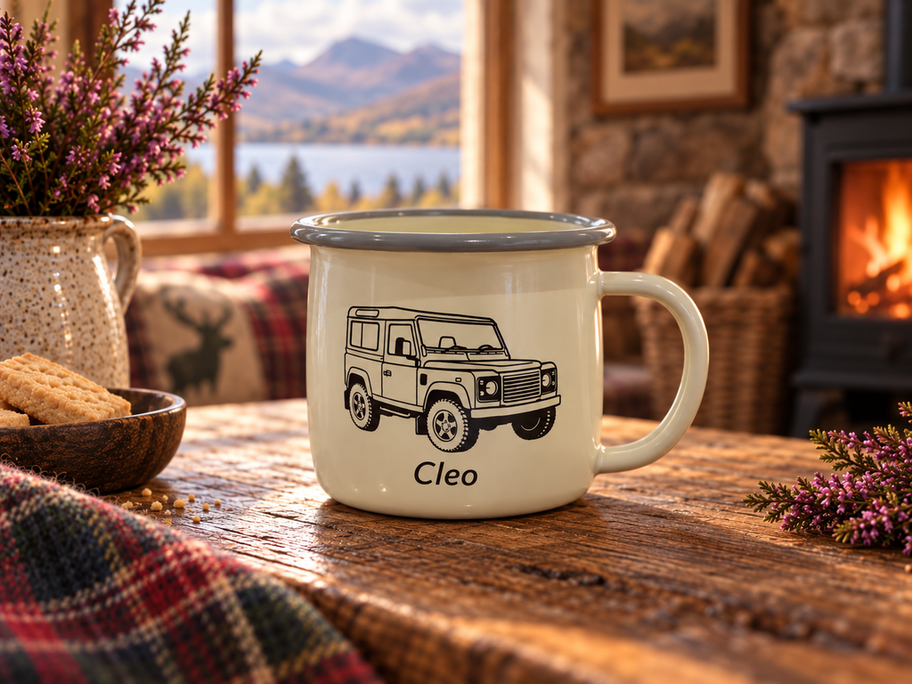 Cream enamel belly mug engraved with a Land Rover Defender, Croft & Cleo
