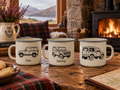 Cream enamel belly mug engraved with a Land Rover Defender, Croft & Cleo
