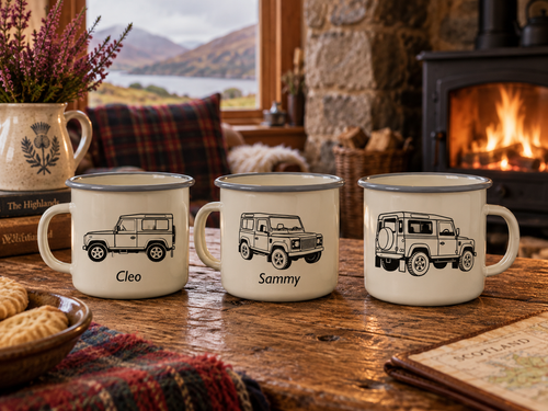 Cream enamel belly mug engraved with a Land Rover Defender, Croft & Cleo