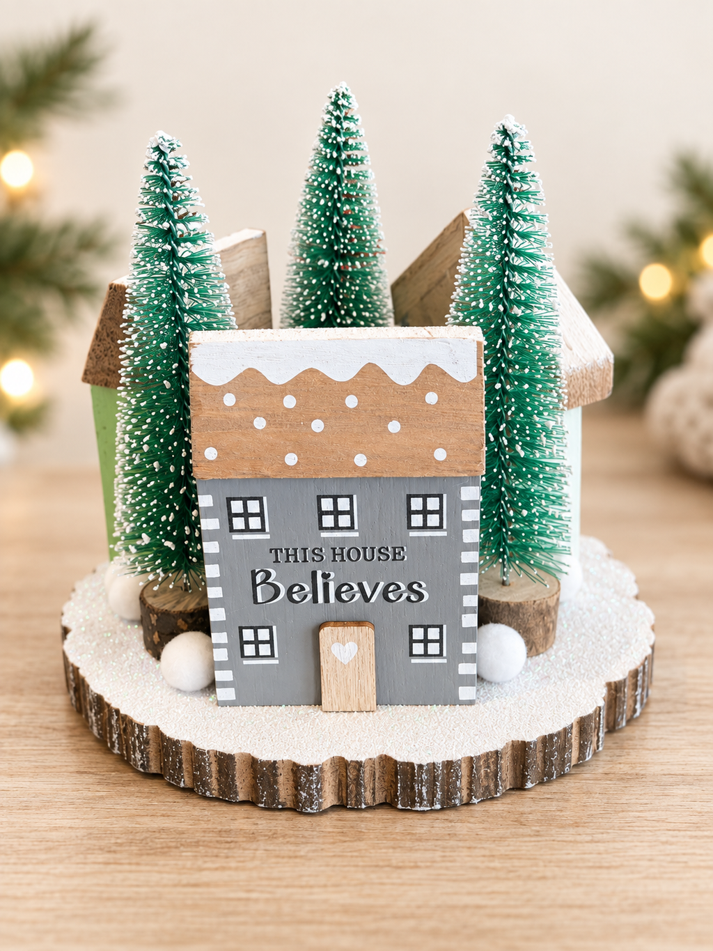 16cm Triple Wooden House Tabletop Decoration, Winter Village Display, Christmas Gift