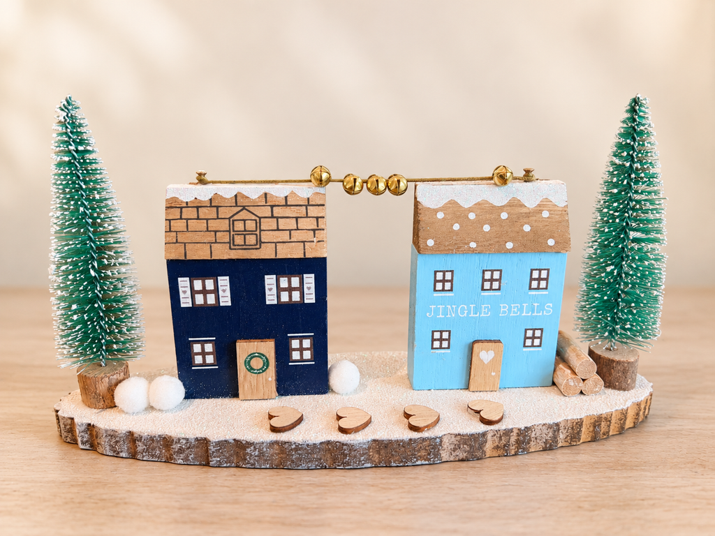 25cm Wooden Double Snowy House Ornament, Winter Village Display, Christmas Gift