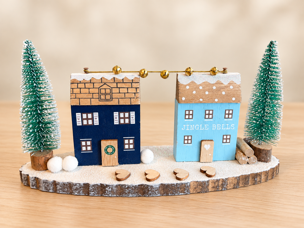 25cm Wooden Double Snowy House Ornament, Winter Village Display, Christmas Gift
