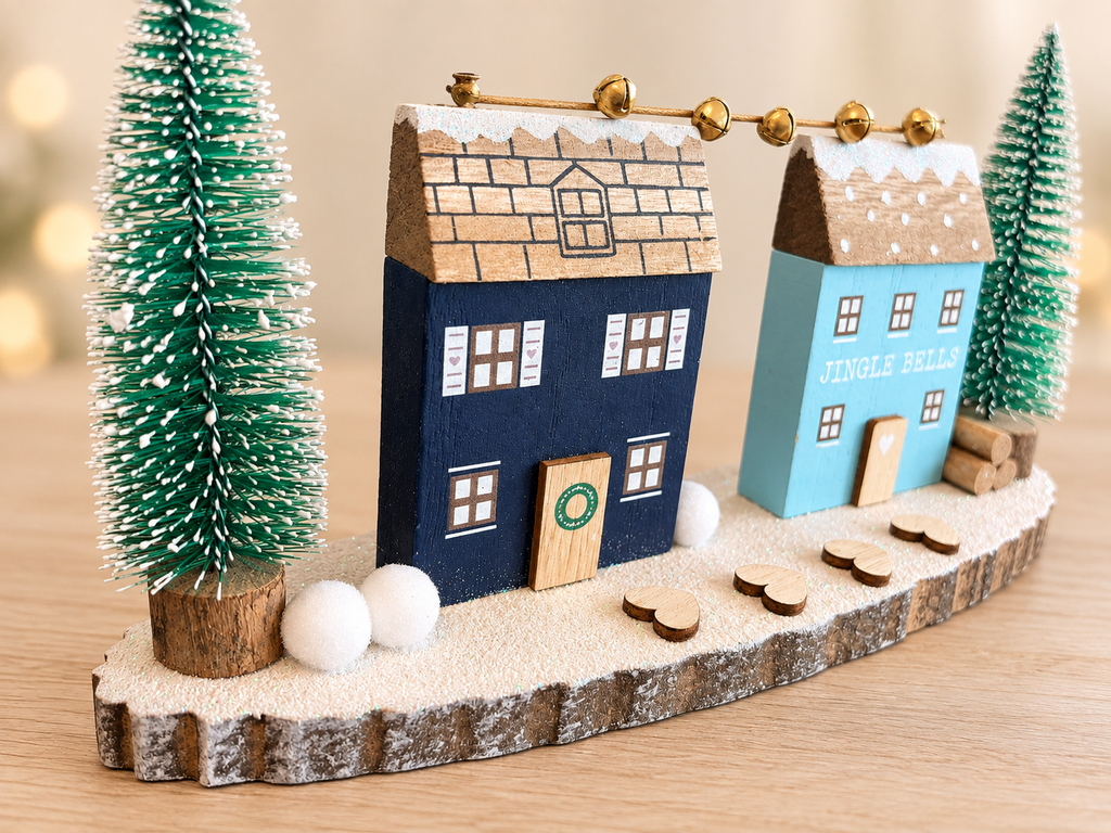25cm Wooden Double Snowy House Ornament, Winter Village Display, Christmas Gift