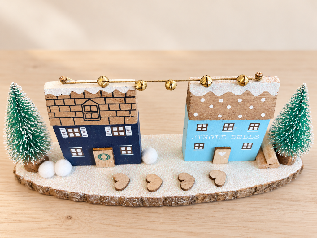 25cm Wooden Double Snowy House Ornament, Winter Village Display, Christmas Gift