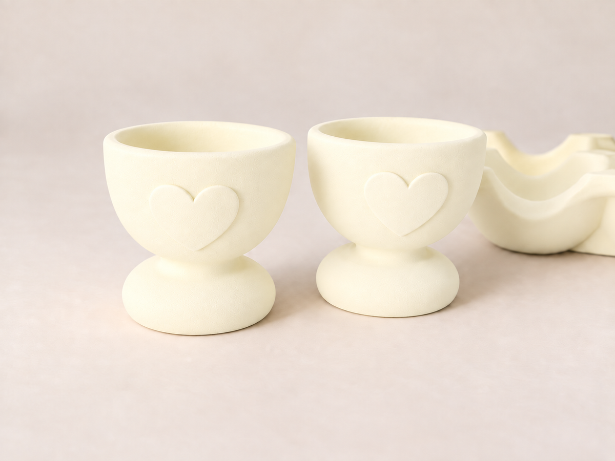 Egg Holder & Egg Cup Set, Scalloped Handmade Jesmonite, Kitchen Countertop Decor