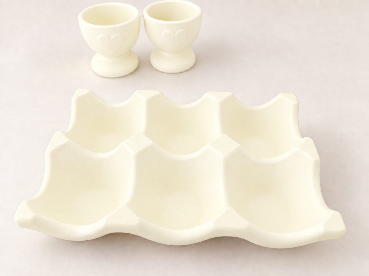 Egg Holder & Egg Cup Set, Scalloped Handmade Jesmonite, Kitchen Countertop Decor