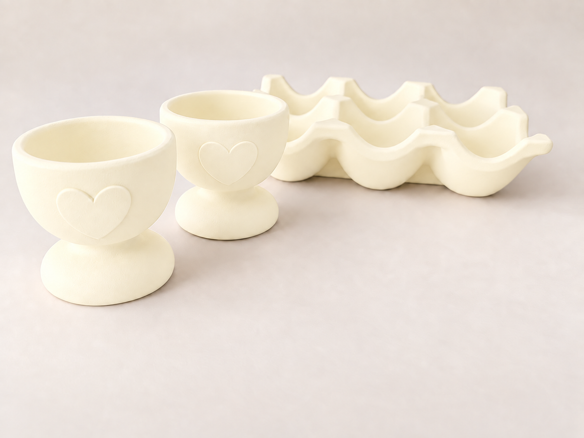 Egg Holder & Egg Cup Set, Scalloped Handmade Jesmonite, Kitchen Countertop Decor
