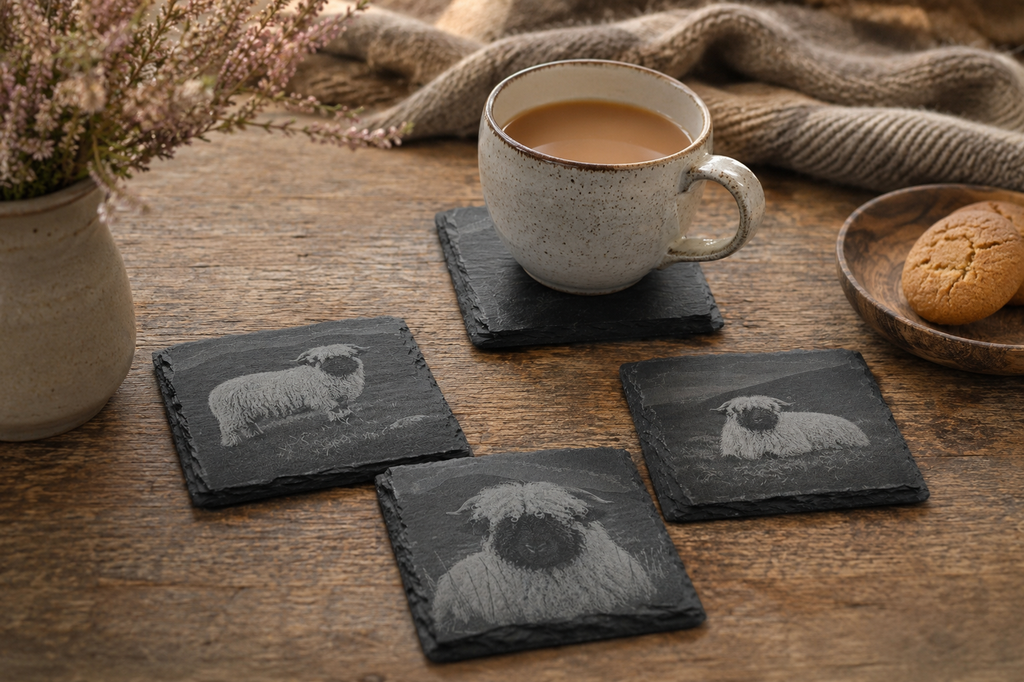 Valais Blacknose Sheep engraved slate coasters, Highland farmhouse gift, Croft & Cleo