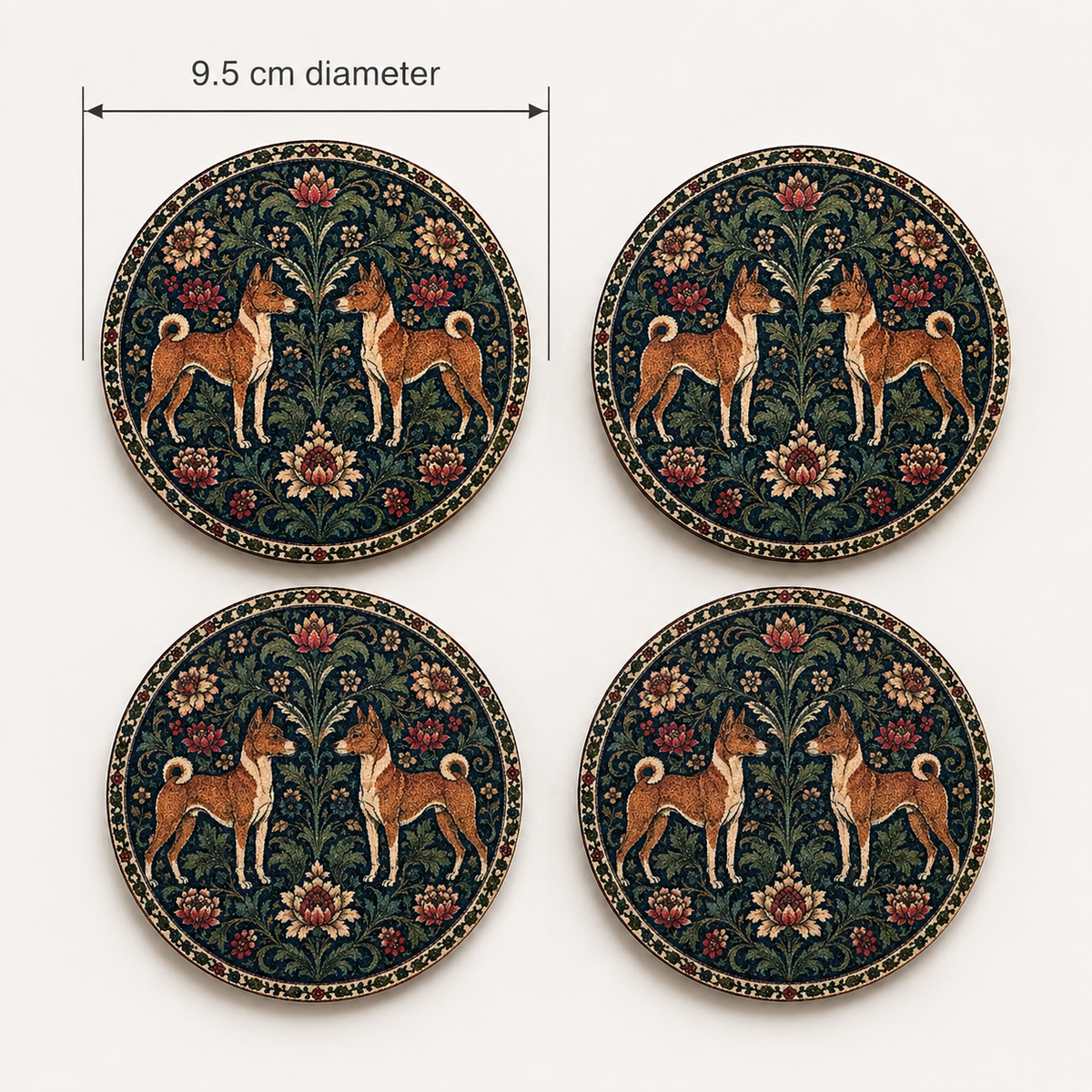 Basenji Dog William Morris Style Jesmonite Coasters – alternate angle, Croft & Cleo