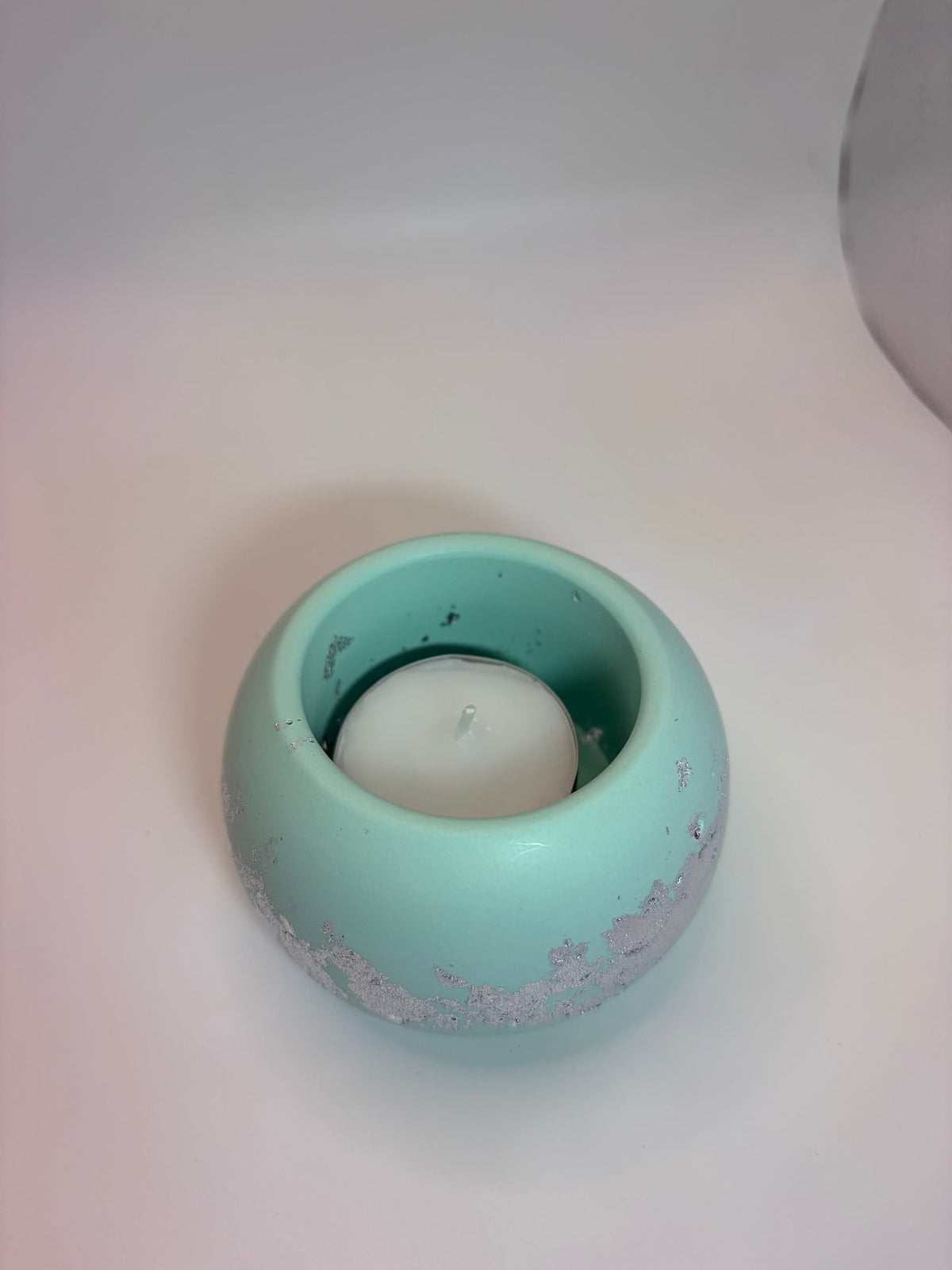 Light Green & Silver Leaf Jesmonite Tray, Vase & Tealight Holder Set – styled lifestyle photo, Croft & Cleo