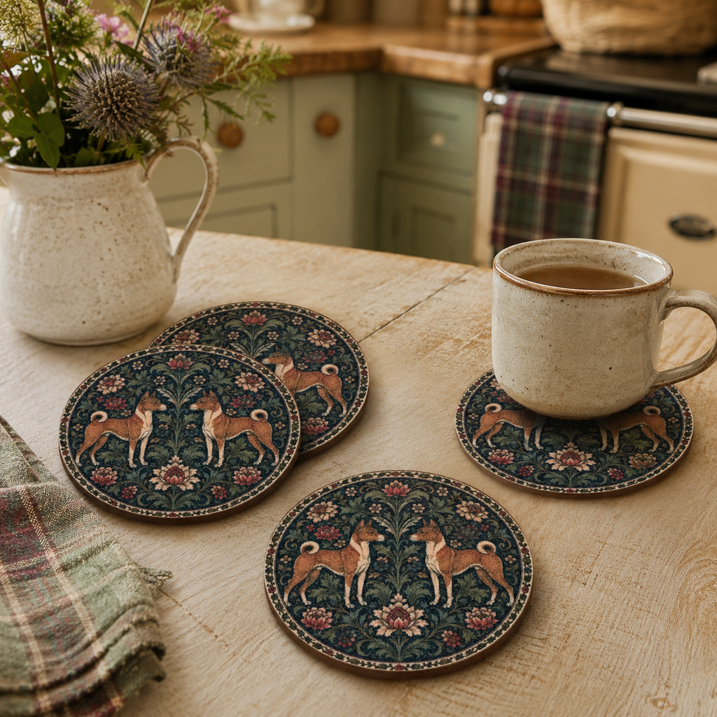 Basenji Dog William Morris Style Jesmonite Coasters – size and scale reference, Croft & Cleo