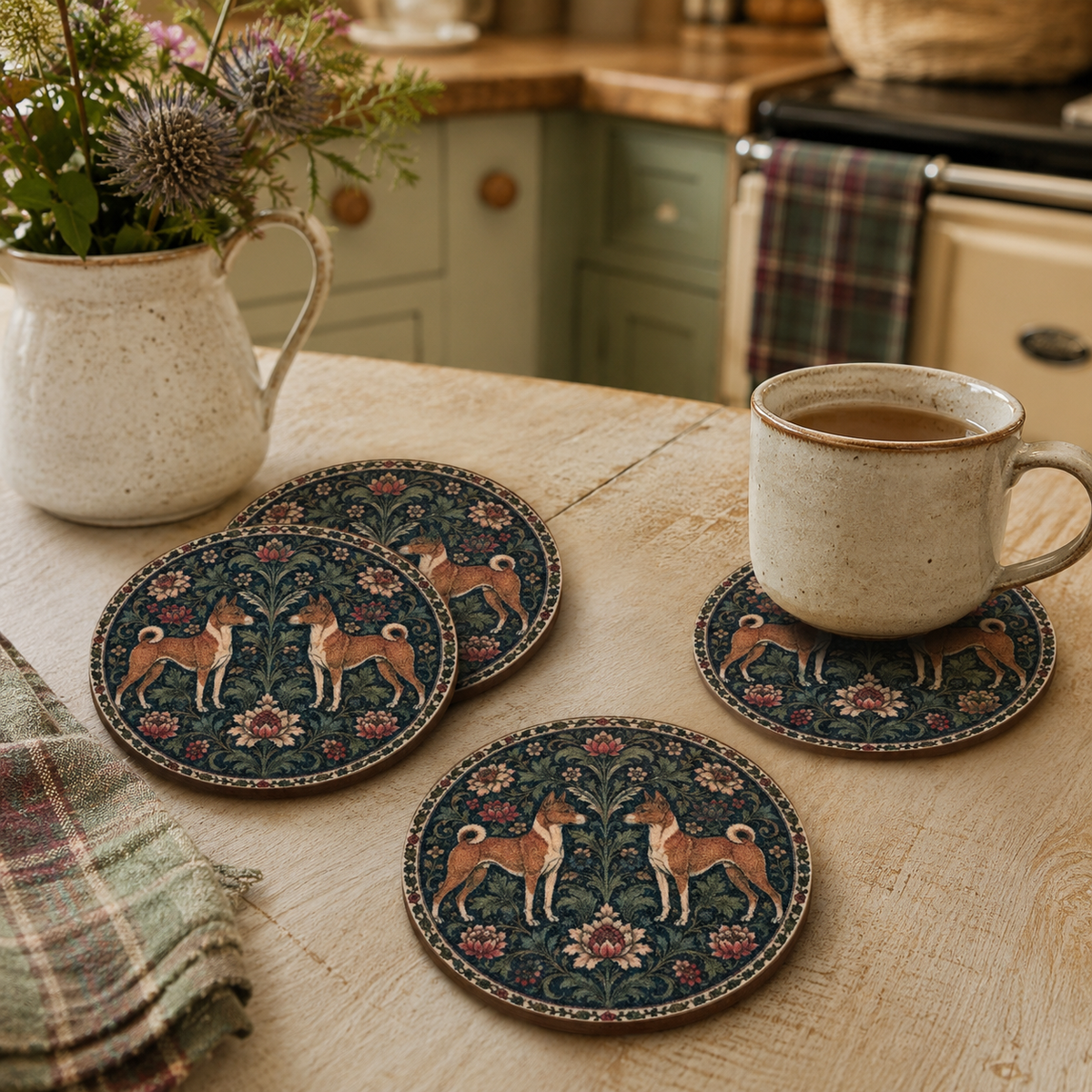 Basenji Dog William Morris Style Jesmonite Coasters – size and scale reference, Croft & Cleo
