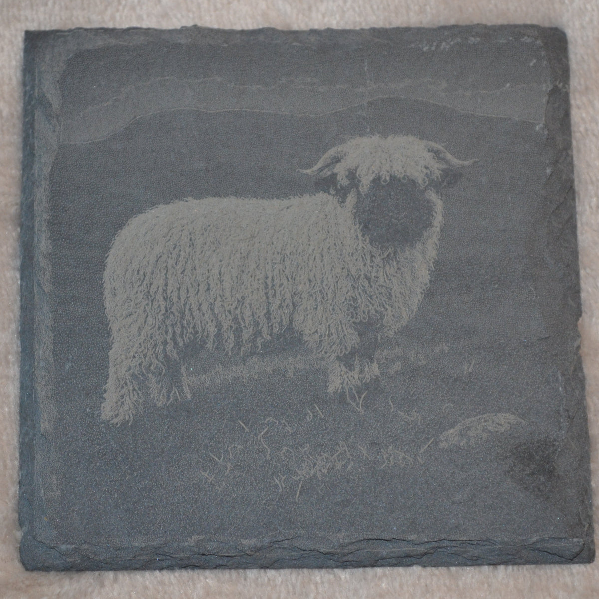 A square dark gray slate coaster featuring an engraved or printed image of a white sheep standing in a field, placed on a beige textured fabric background.
