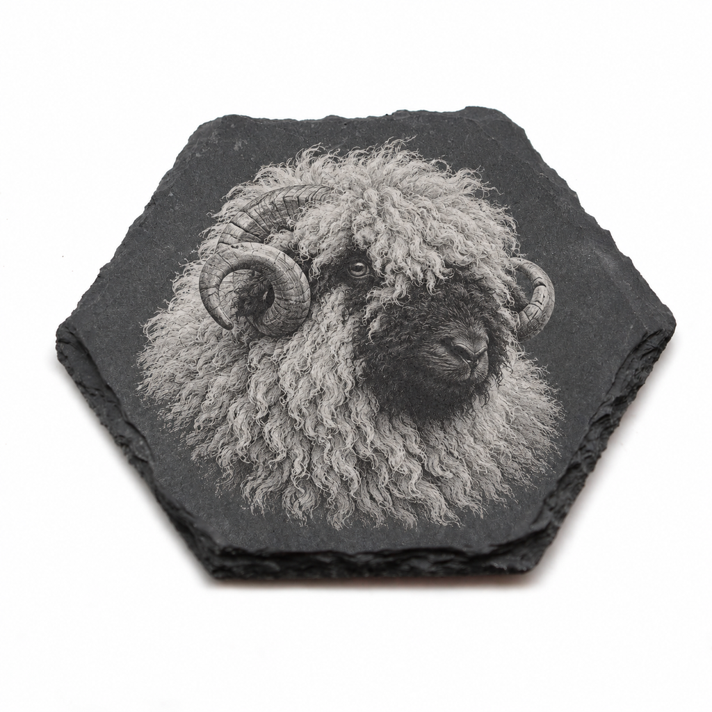 A hexagonal dark slate coaster featuring a detailed grayscale engraving of a ram's head with curled horns, shown on a plain white background.