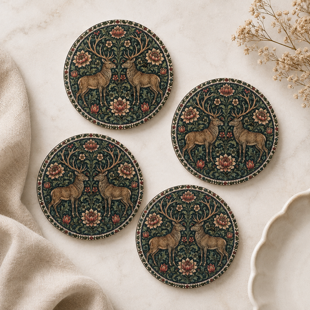Four round decorative coasters with a dark green and brown deer and floral pattern, arranged on a light marble surface with neutral fabric and dried flowers as props.
