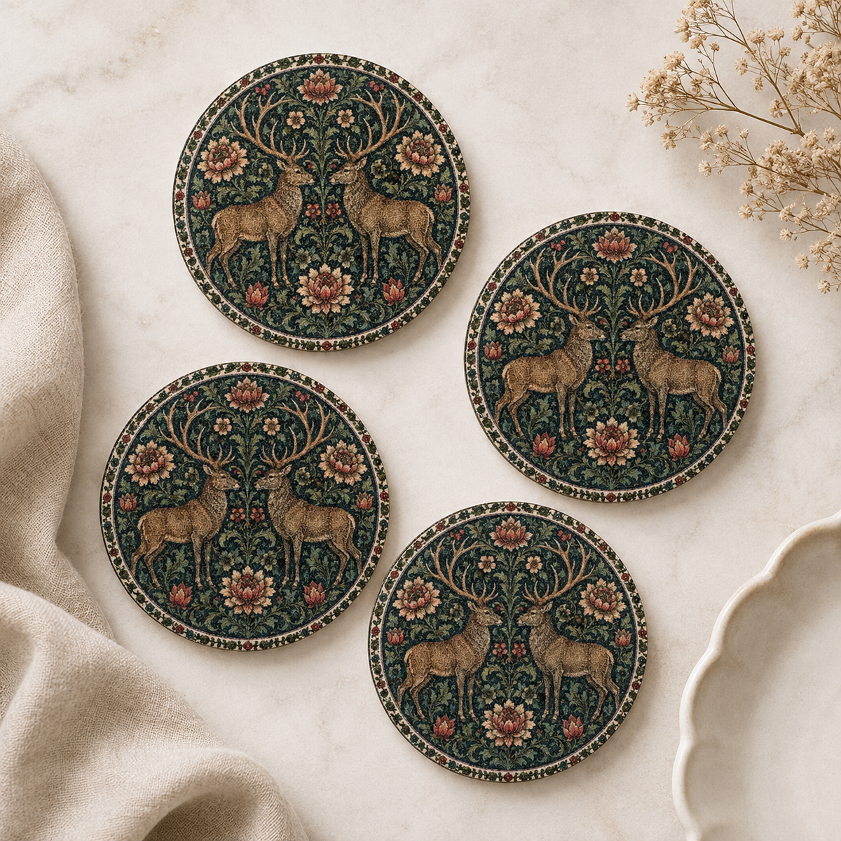 Four round decorative coasters with a dark green and brown deer and floral pattern, arranged on a light marble surface with neutral fabric and dried flowers as props.