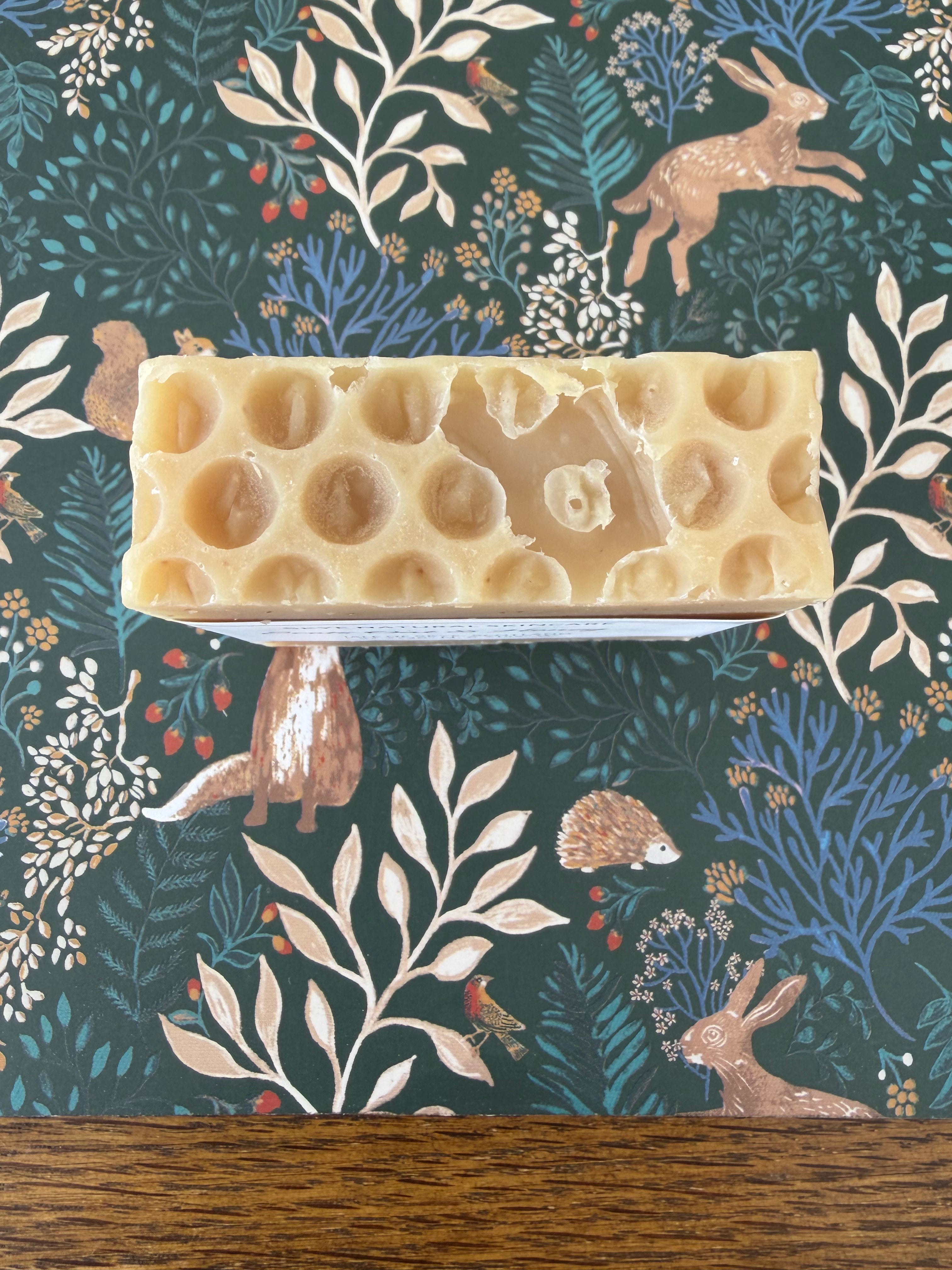 Scots oat and honey soap displayed with wildflower oats and honey, Siabann by Croft & Cleo