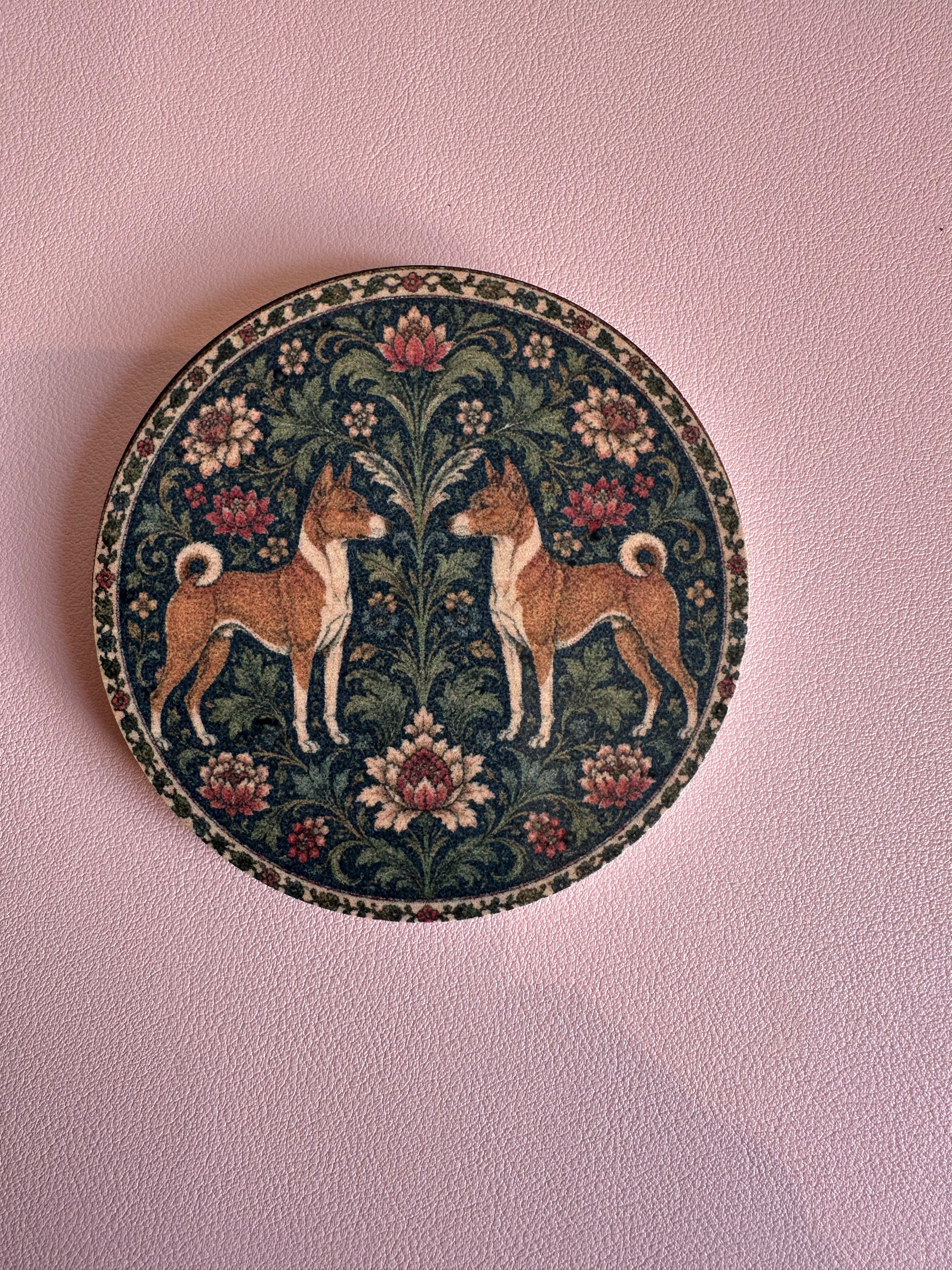 Basenji Dog William Morris Style Jesmonite Coaster – close-up in-hand photo, Croft & Cleo