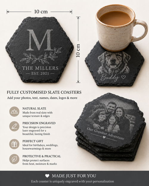Fully Personalised Hexagonal Slate Coasters, Your Own Photo Engraved, Custom Pet or Family Portrait Gift