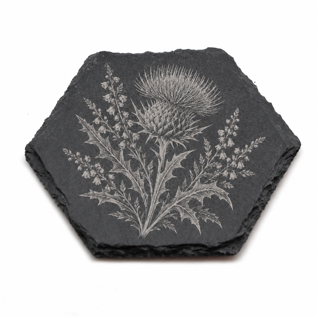 A hexagonal dark gray slate coaster featuring a detailed engraved botanical design of a thistle and surrounding leaves, shown on a plain white background.