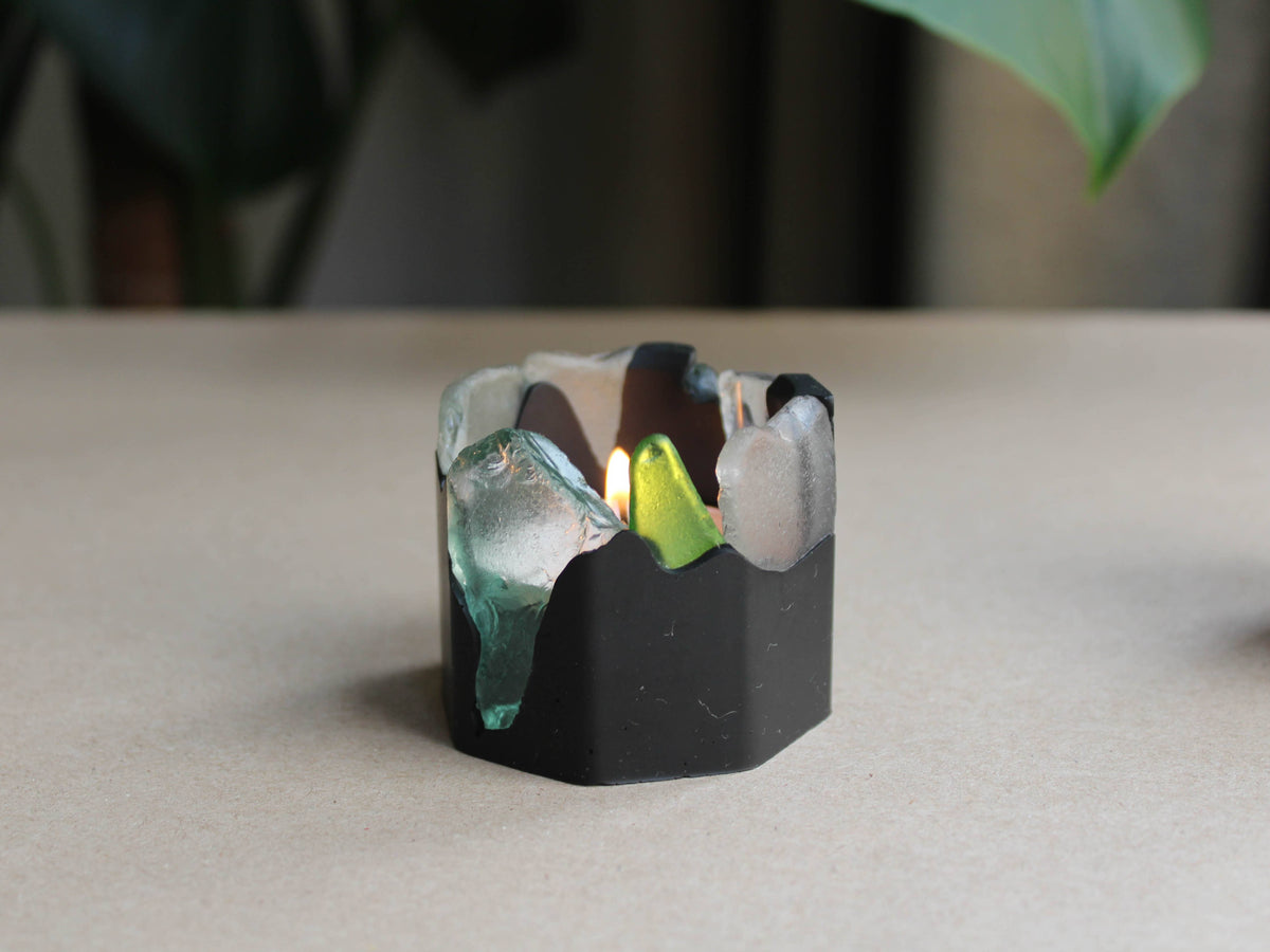 Sea glass candle holder, handcrafted Scottish jesmonite, Croft & Cleo