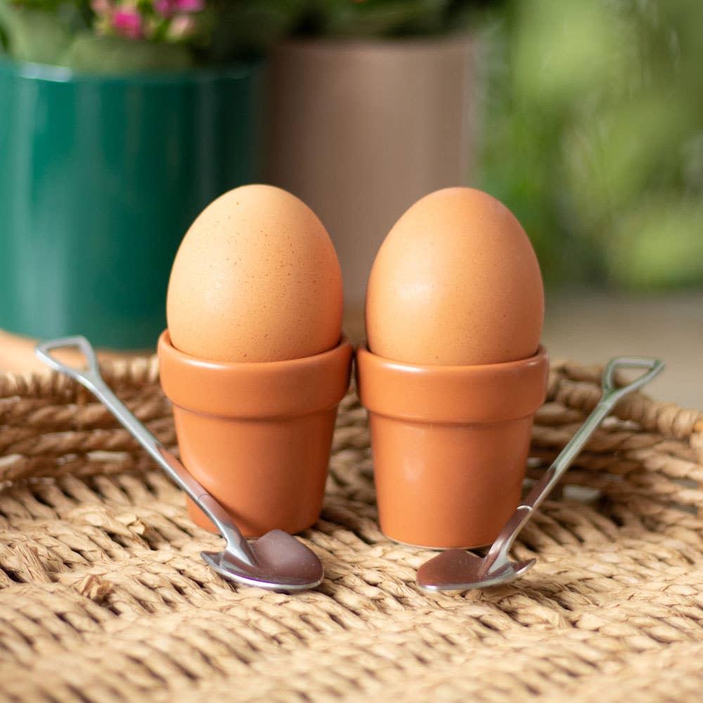Plant pot egg cup set with shovel spoons, Croft & Cleo
