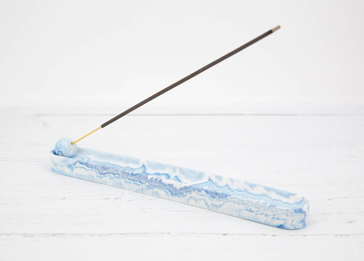 Handmade Jesmonite incense holder in cool blue marble — product shot, Croft & Cleo