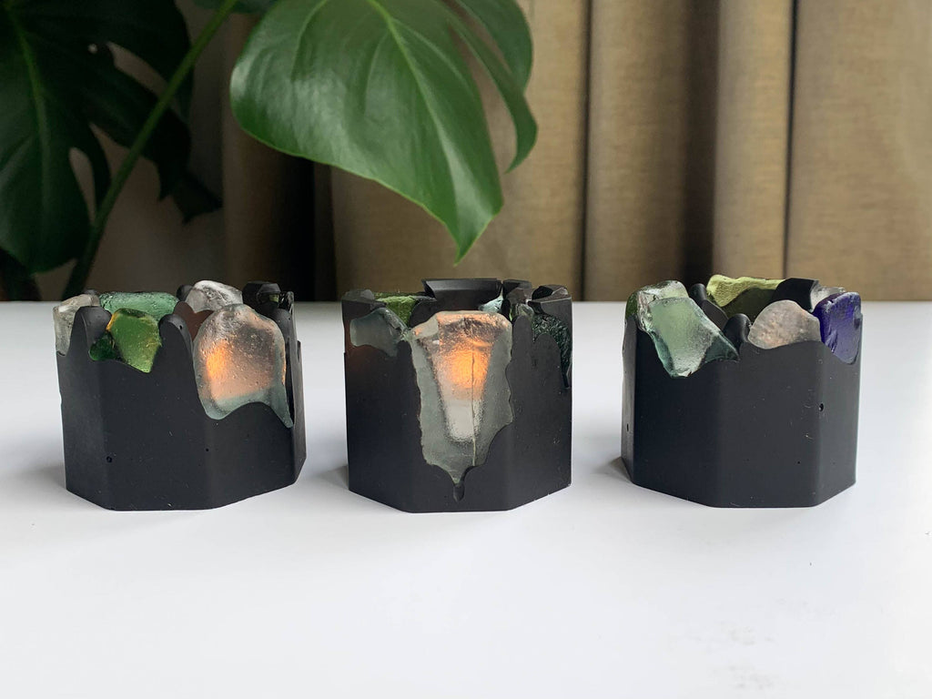 Sea glass candle holder, handcrafted Scottish jesmonite, Croft & Cleo
