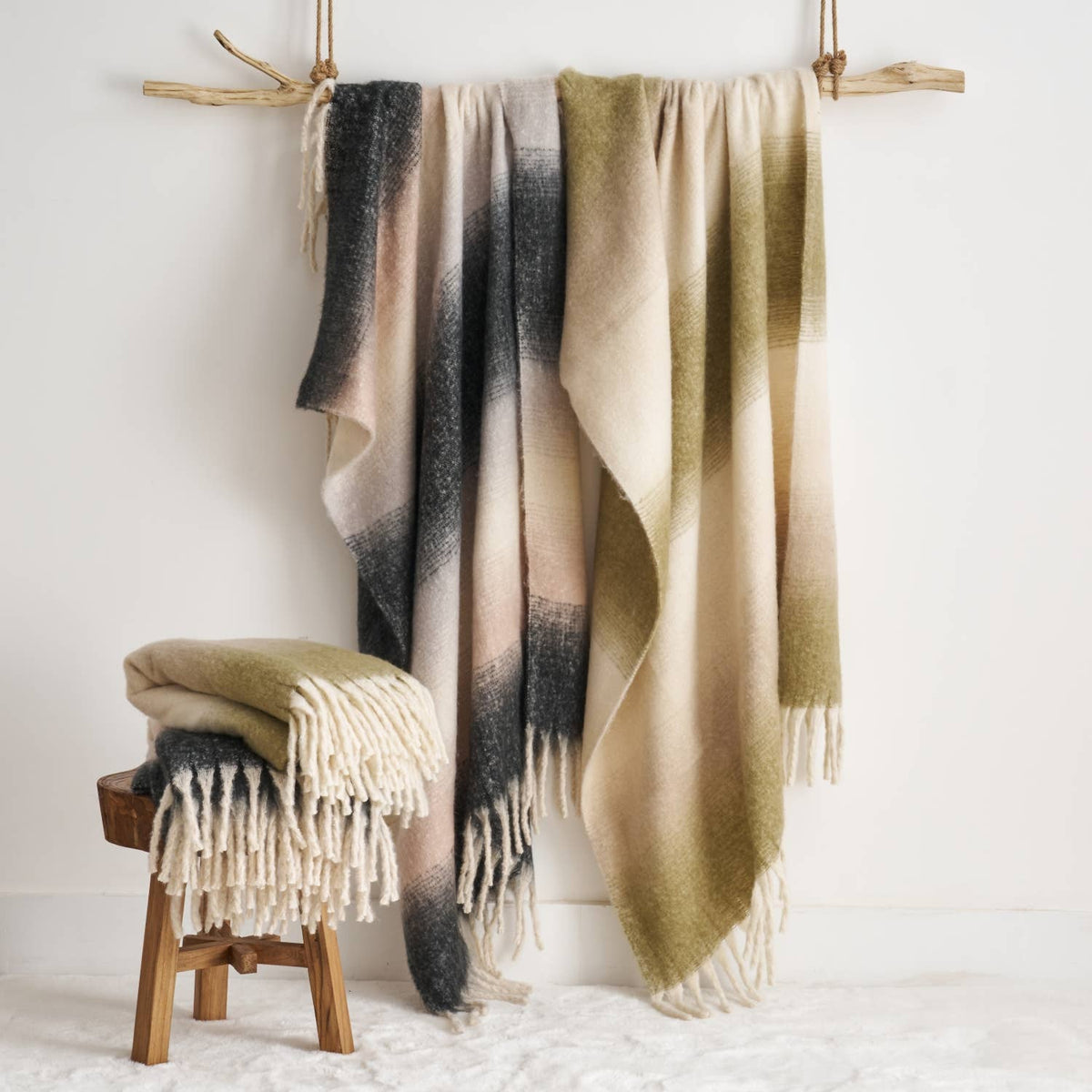 Highland Mist Ombre Throw in Charcoal, draped and styled at home, Croft & Cleo