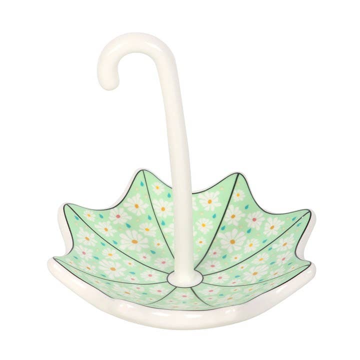 Floral umbrella ceramic ring dish shown empty, highlighting the sculpted umbrella shape, Croft & Cleo