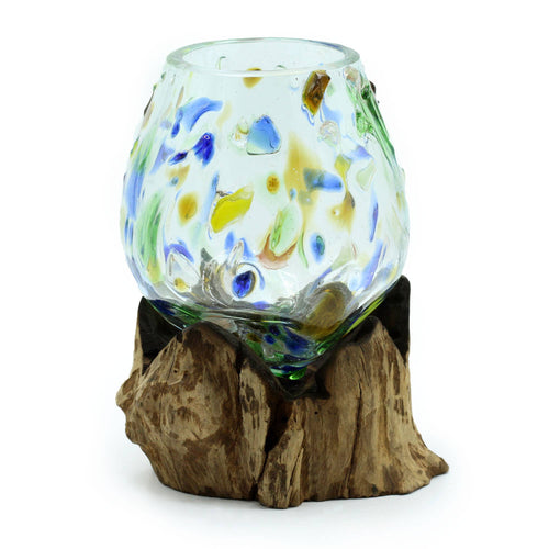 Molten coloured glass on natural wood — medium decorative bowl