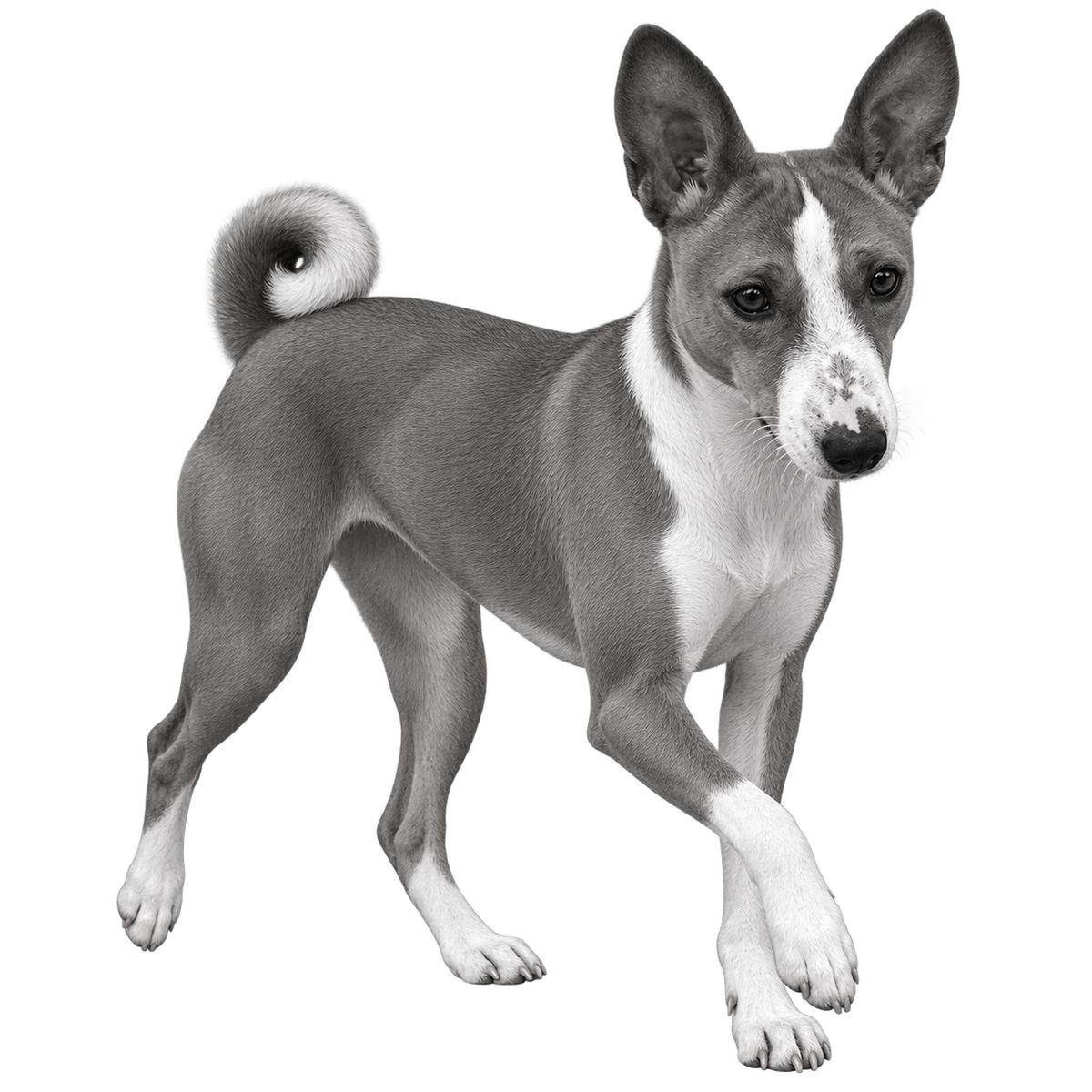 Engraving design reference — Basenji portrait, 'On the Move', Croft & Cleo
