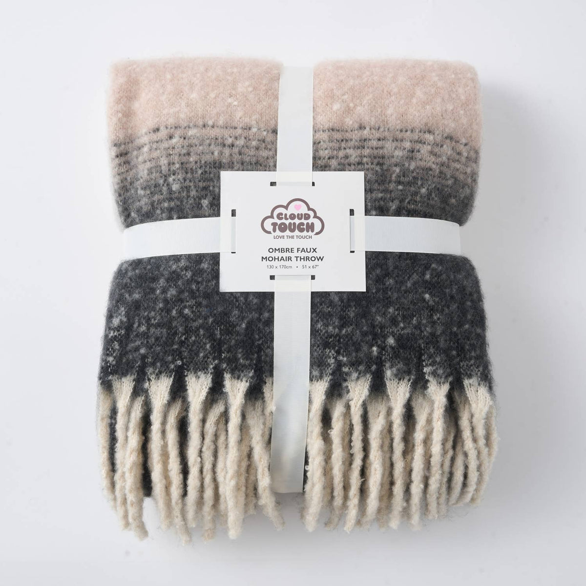 Highland Mist Ombre Throw in Charcoal, folded to show the ombre gradient and tasselled fringe, Croft & Cleo