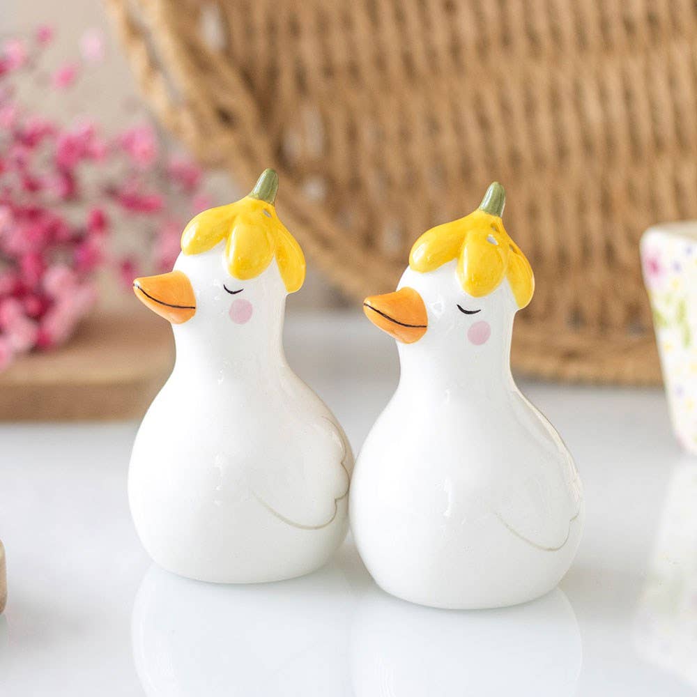 Daisy and duck ceramic salt and pepper shakers wearing spring flower hats, Croft & Cleo