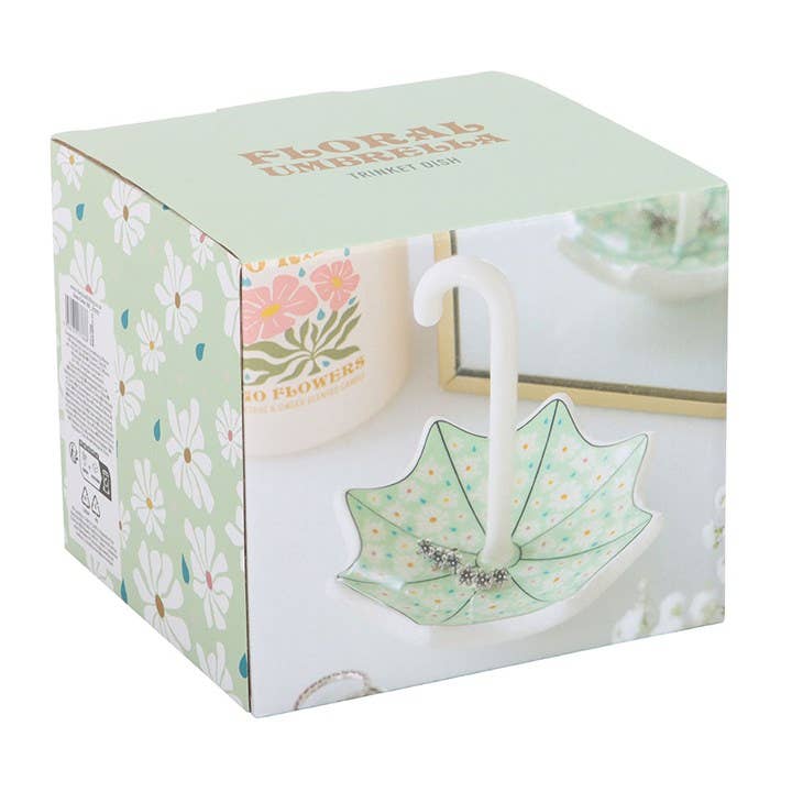 Floral umbrella ceramic ring dish styled on a bedside table with small jewellery, Croft & Cleo
