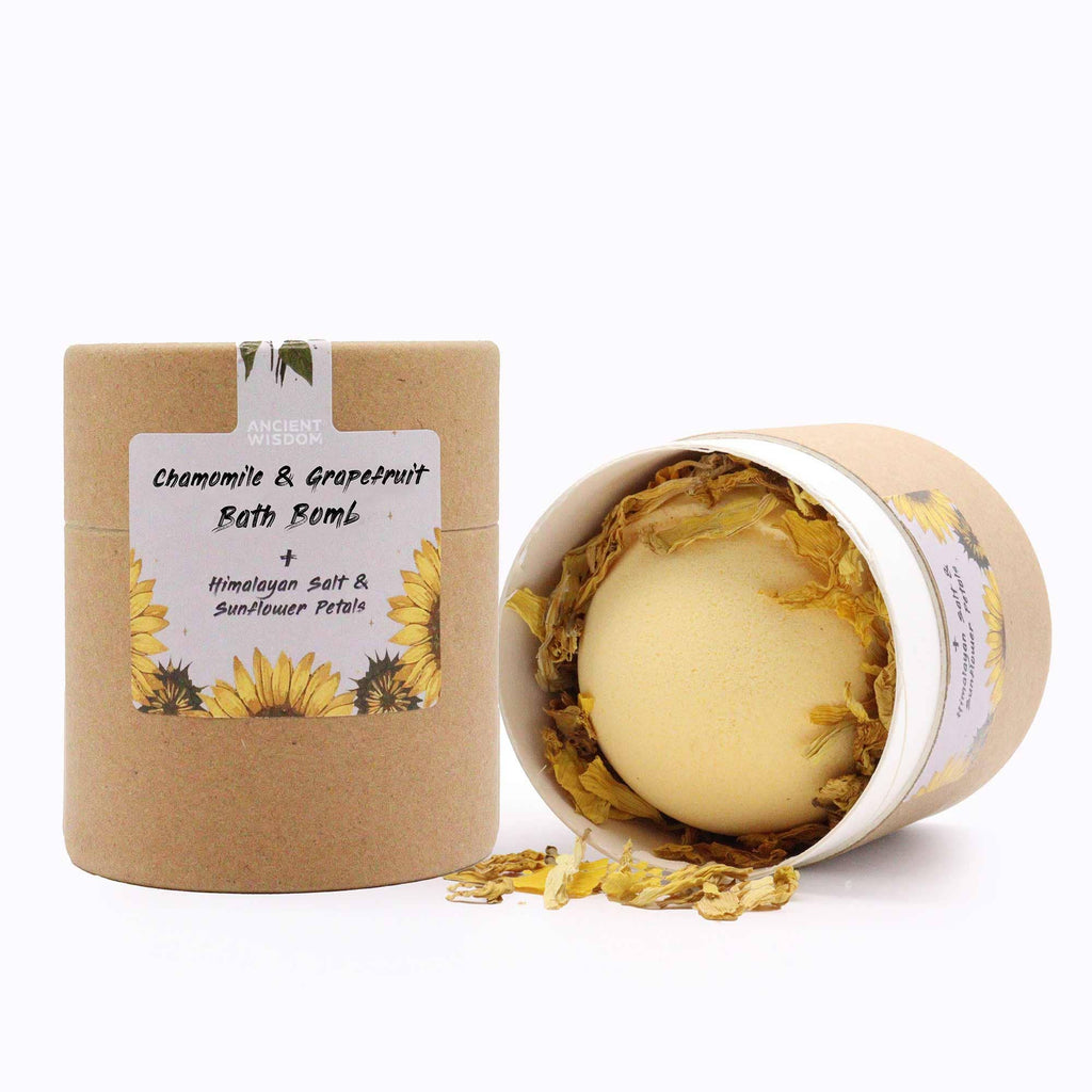 Chamomile and grapefruit bath bomb with sunflower petals — aromatherapy gift set, Croft & Cleo