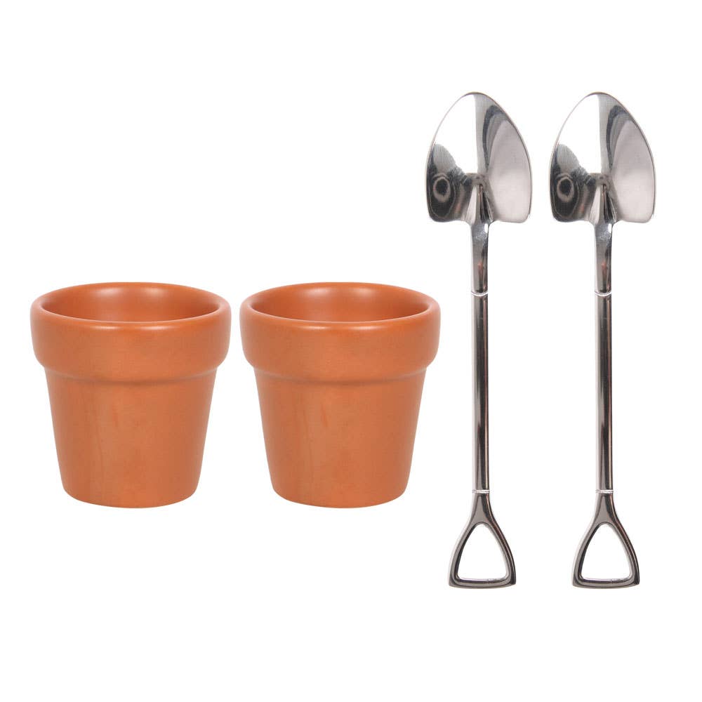 Plant pot egg cup set with shovel spoons, Croft & Cleo