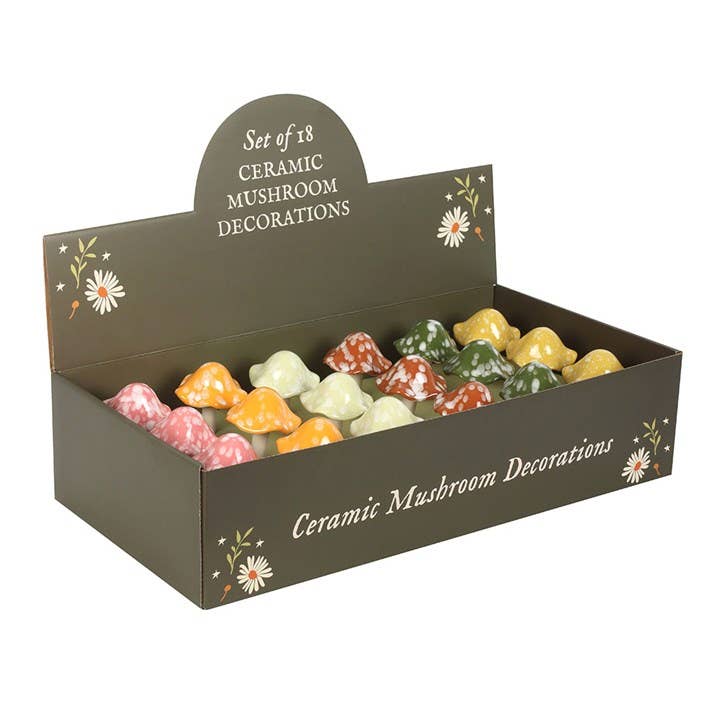 Set of 18 Ceramic Mushroom Decorations in Display