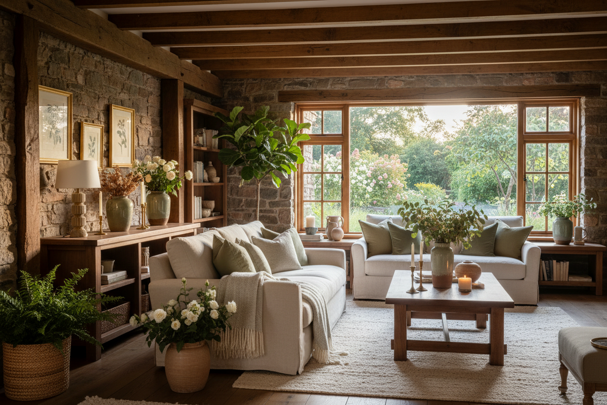 Cosy Highland home interior with natural materials, warm afternoon light and garden view — Croft & Cleo