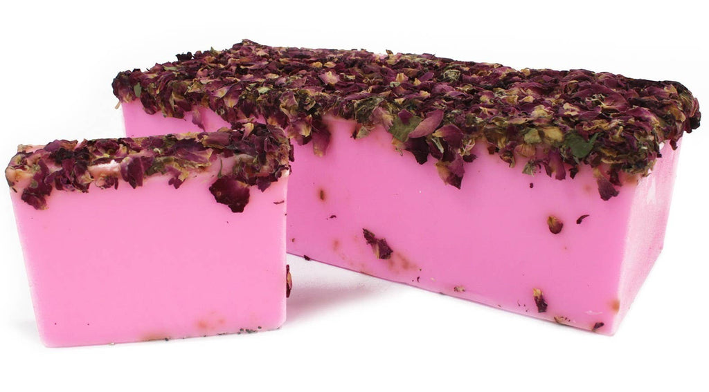 Croft & Cleo Scottish Rose and Rose Petal soap bar with a vibrant pink base and dried floral topping.