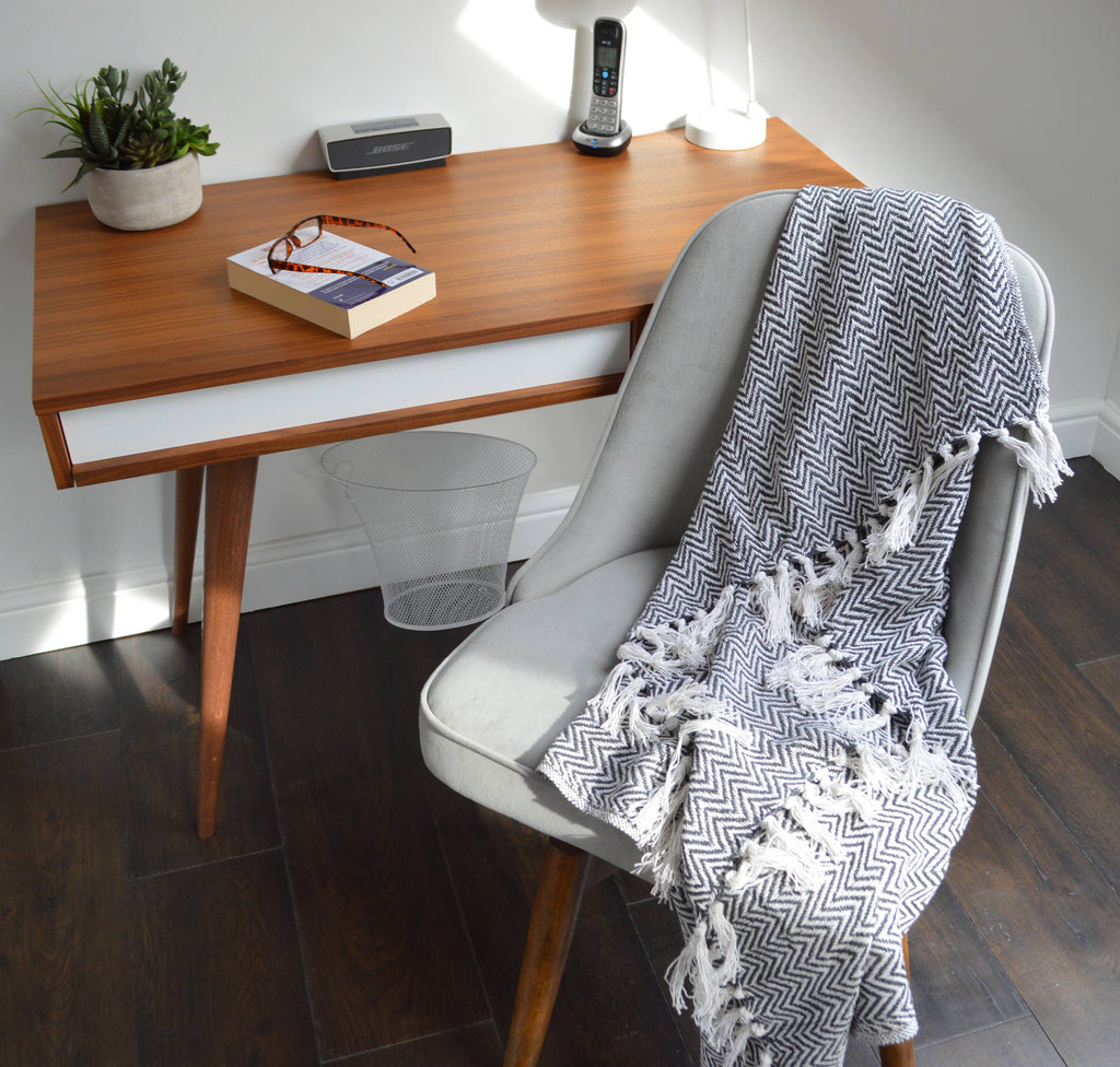 Moorland Herringbone Cotton Throw in Moss, close-up of the natural cotton weave, Croft & Cleo