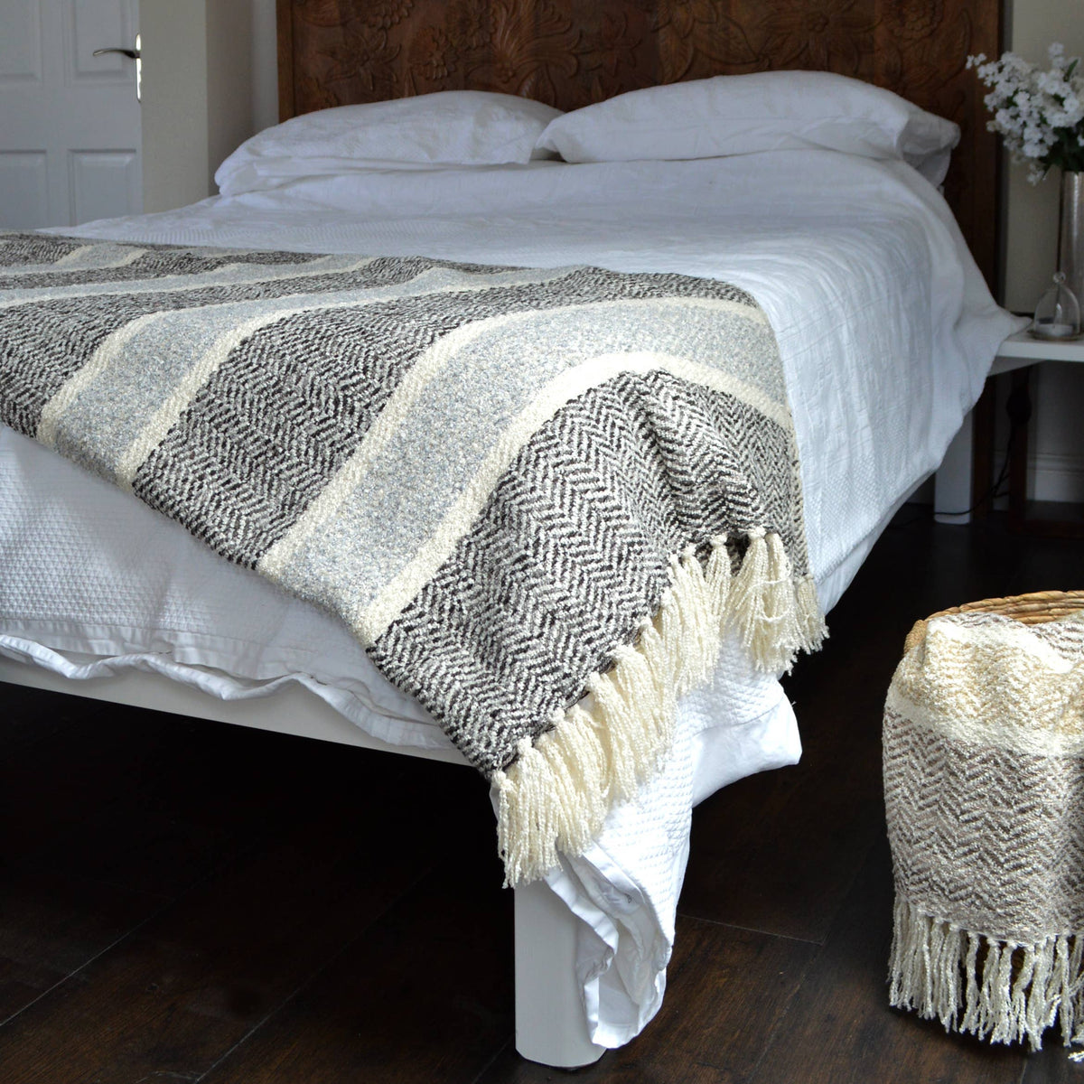 Croft Recycled Chenille Throw in Natural, draped and styled at home, Croft & Cleo